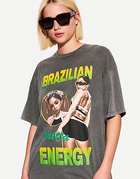 Bershka T-Shirt Anitta Brazian Energy Damen M Grau günstig online kaufen