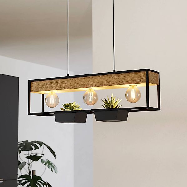 Hängelampe Libertad 1, Länge 76 cm, schwarz/holz, 3-flg. günstig online kaufen