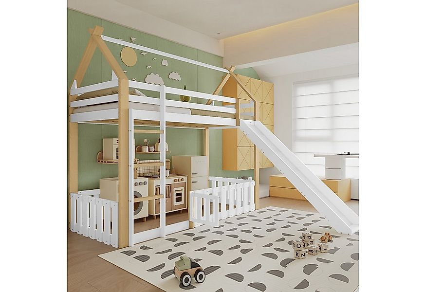 Merax Hochbett (Weiß+Natur, 1-St., Etagenbett Stockbett Jugendbett) Kieferh günstig online kaufen
