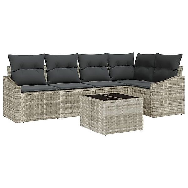 vidaXL Loungesofa 6-teiliges Garten Essgruppe mit Kissen Grau Poly-Rattan, günstig online kaufen