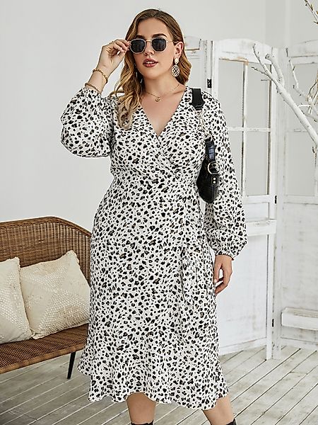 Plus Size V-Ausschnitt Leopard Wrap Design Lange Ärmel Midi Kleid günstig online kaufen