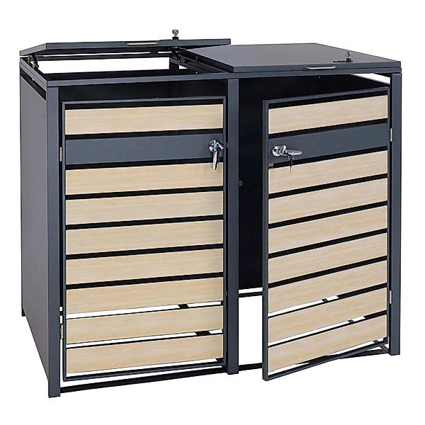 PROREGAL Mülltonnenbox 2er XL 117x142x98cm Metall 59kg Anthrazit Buche-Holz günstig online kaufen