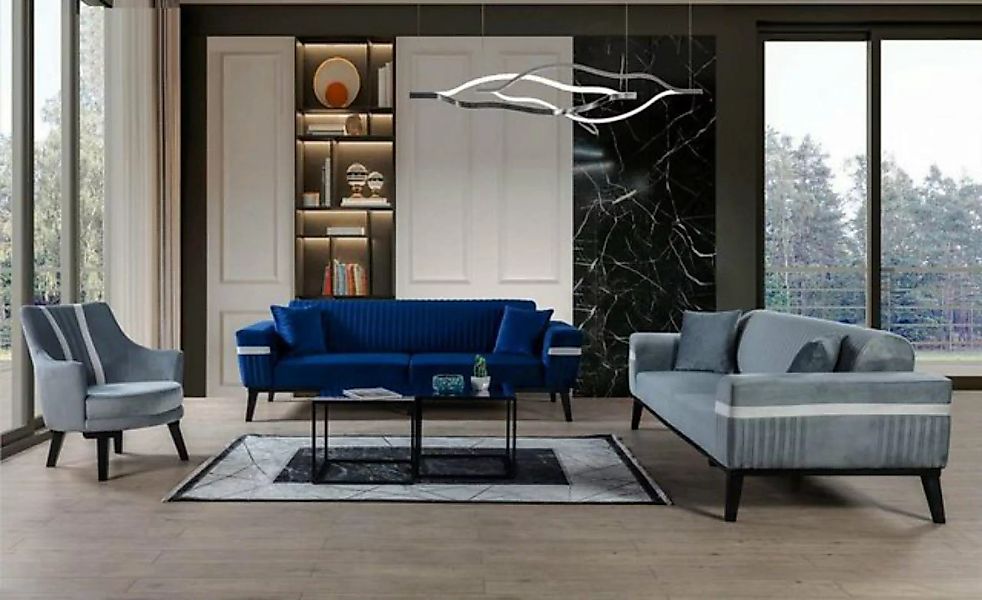 JVmoebel Sofa 3+3+1 Sofagarnitur Sitzer Sofa Sessel Luxus Set Stoff Blau, 3 günstig online kaufen