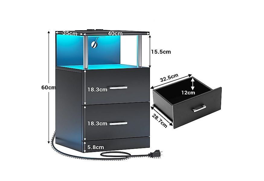 MSMASK Nachttisch Moderner Beistelltisch mit LED-Leuchten und 2 Schubladen günstig online kaufen