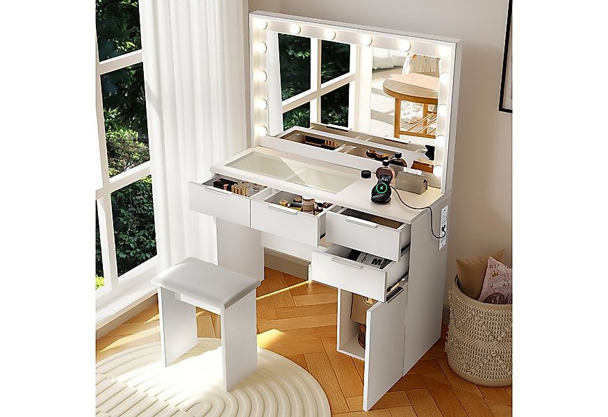 oyajia Schminktisch mit LED Beleuchtung, Gehärtete Glasplatte,mit Stuhl /La günstig online kaufen