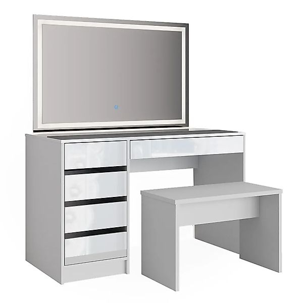Vicco Schminktisch Sherry, Weiß, 120 cm mit LED-Spiegel und Bank günstig online kaufen
