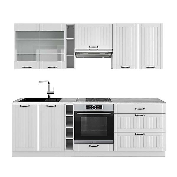 Vicco Fame-Line Küchenzeile Weiß Landhaus/Weiß 235 cm AP Marmor günstig online kaufen