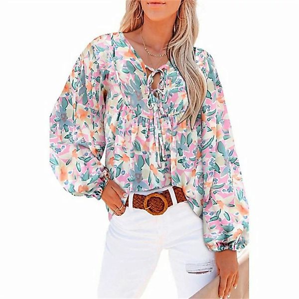RUZU UG Langarmhemd Blumiges Rüschenhemd mit V-Ausschnitt und langen Ärmeln günstig online kaufen