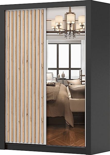 MOEBLO Kleiderschrank LINX (Moderner Schwebetürenschrank mit Holzlamellen u günstig online kaufen