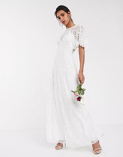 ASOS EDITION – Hochzeitskleid mit Stickerei und perlenverzierten Flatterärm günstig online kaufen