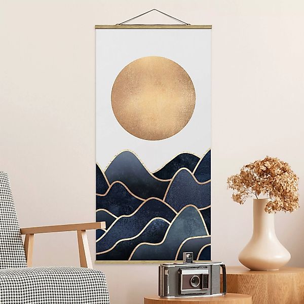 Stoffbild Abstrakt mit Posterleisten - Hochformat Goldene Sonne blaue Welle günstig online kaufen