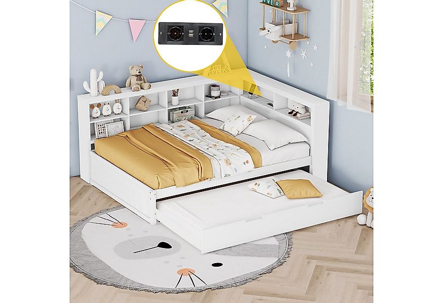 Merax Daybett 140x200 mit USB und Ausziehbett 90x190cm (1 tlg), Massivholz günstig online kaufen