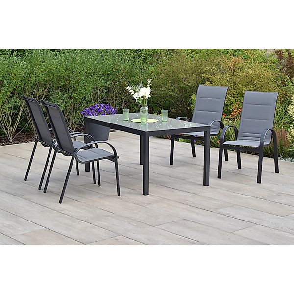 Merxx Amalfi Set 5 -tlg. 4 Stapelsessel Gartentisch 150 x 90 cm Grau günstig online kaufen