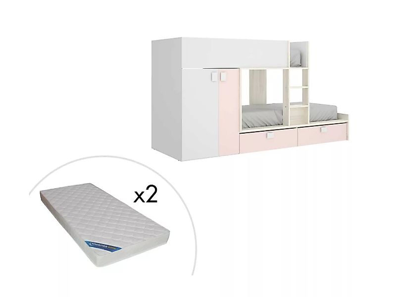 Etagenbett mit Kleiderschrank + Matratzen - 2x 90 x 190 cm - Weiß, Naturfar günstig online kaufen
