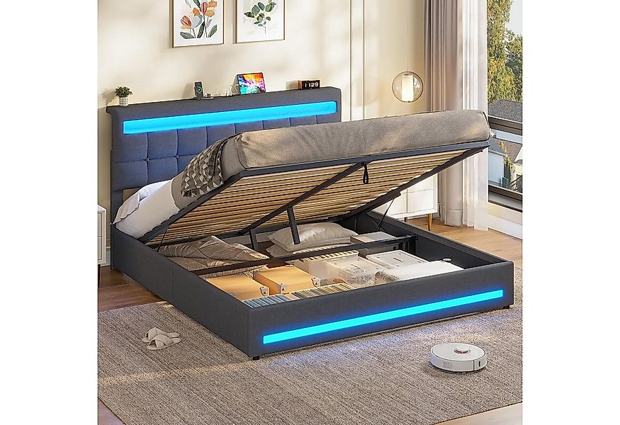 MSMASK Polsterbett Jugendbett mit LED Beleuchtung und Ladestation, Hydrauli günstig online kaufen