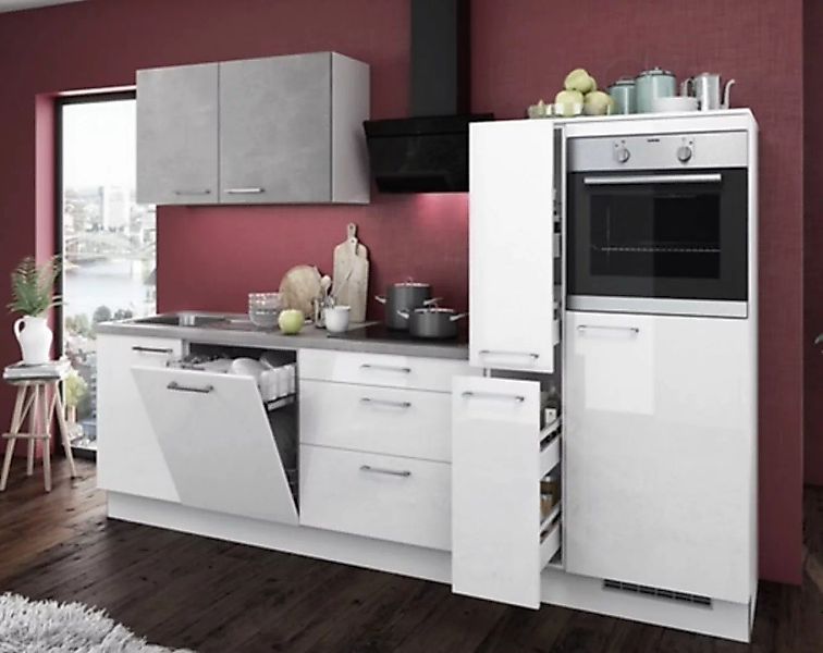 Einbauküche MANKAGLOSS 1 in Weiß Hochglanz / Beton - Schränke montiert/ Küc günstig online kaufen