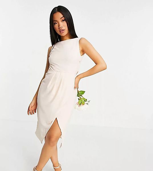 TFNC Petite – Midi-Brautjungfernkleid in Zartrosa mit rückseitigem Wasserfa günstig online kaufen