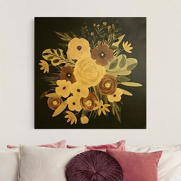 Leinwandbild Gold Pastell Blumenbouquet vor Grün I günstig online kaufen