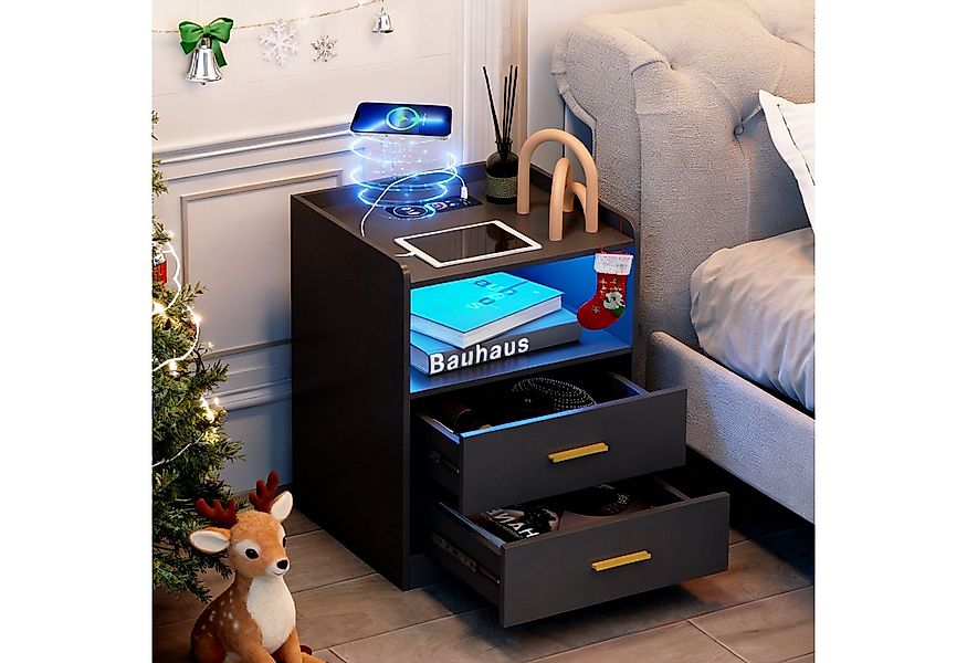 LVSOMT Nachttisch Moderne LED Nachttisch mit Ladestation und 2 Schubladen ( günstig online kaufen