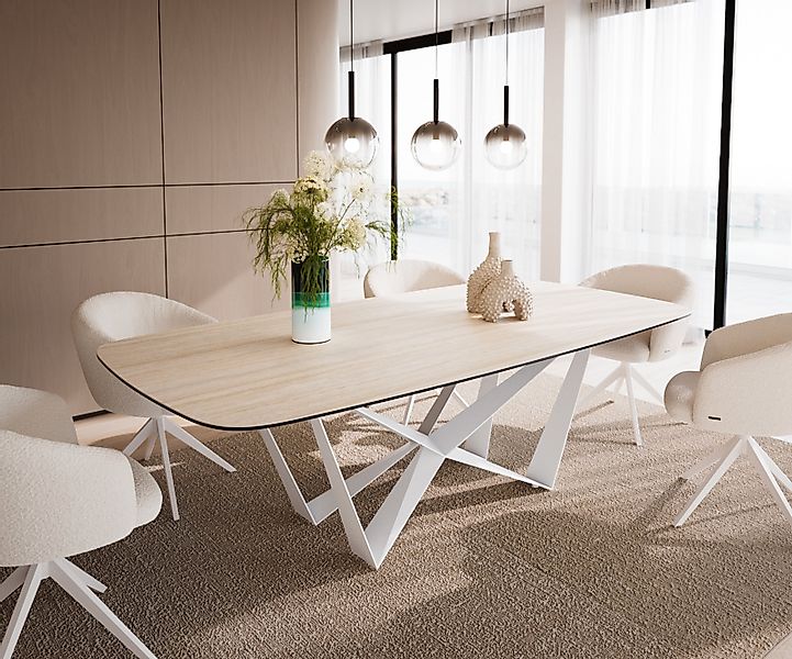 Esstisch Edge Boot 240x120 cm Keramik Travertin Natur Spider Metall Weiß günstig online kaufen