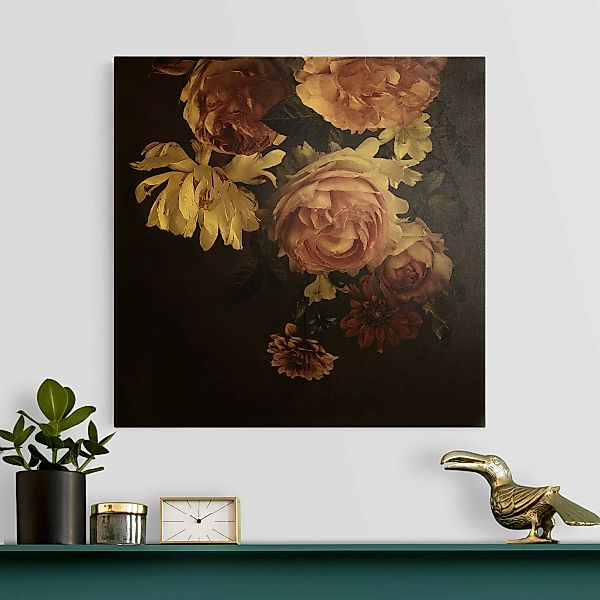 Leinwandbild Gold Rosa Blumen auf Schwarz Vintage günstig online kaufen