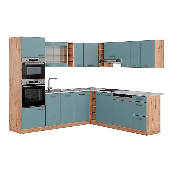 Vicco R-Line Eckküche Blau-Grau/Goldkraft Eiche 237 x 247 cm AP Marmor günstig online kaufen