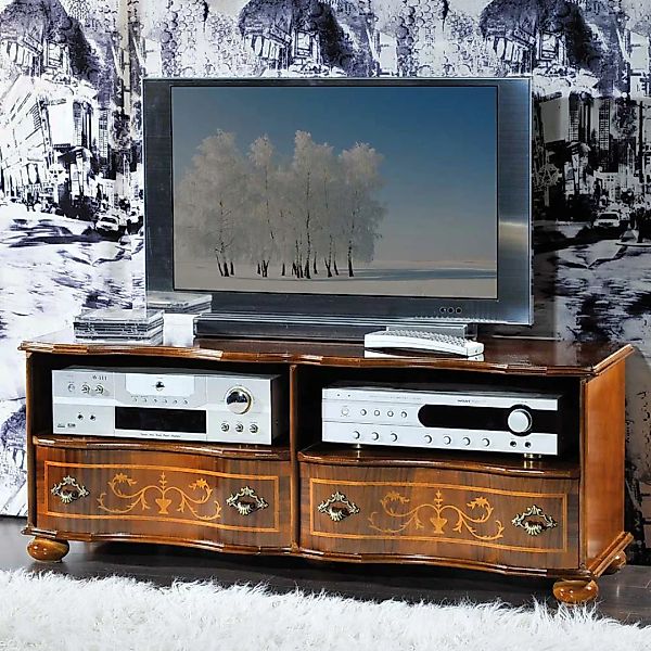 TV Board mit Verzierungen im Barock Design Nussbaum furniert günstig online kaufen