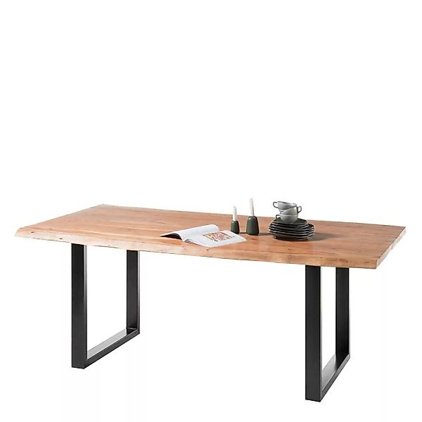 Baumkanten Tisch aus Akazie Massivholz Metall Bügelgestell günstig online kaufen