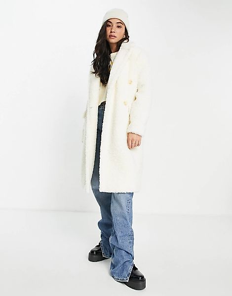 Miss Selfridge – Longline-Mantel aus Teddyfell in Creme-Weiß günstig online kaufen