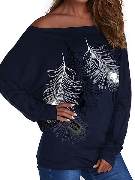 YOINS Navy Feather Print Langarmes T-Shirt mit kalter Schulter günstig online kaufen