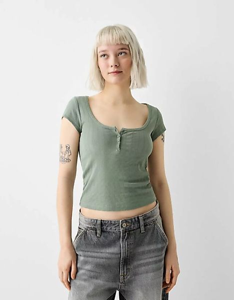 Bershka Kurzarmshirt Mit Pointelle-Strick Damen S Khaki günstig online kaufen