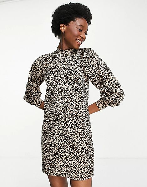 Miss Selfridge – Sweatshirt-Kleid mit Stehkragen und Animalprint-Braun günstig online kaufen