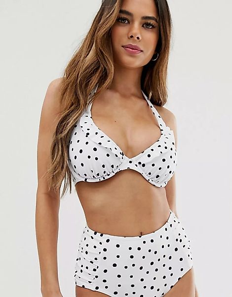 Figleaves Fuller Bust – Sorrento – Weiß gepunktetes Neckholder-Bikinioberte günstig online kaufen