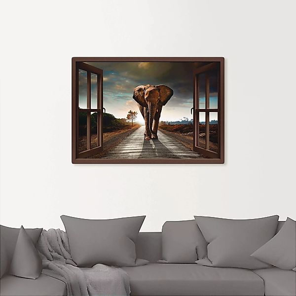 Artland Leinwandbild "Elefant auf Straße - braunes Fenster", Fensterblick, günstig online kaufen