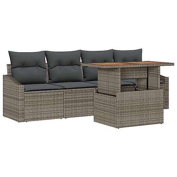 vidaXL Loungesofa 5-teiliges Gartentisch-Set mit Kissen Grau Poly Rattan, 5 günstig online kaufen