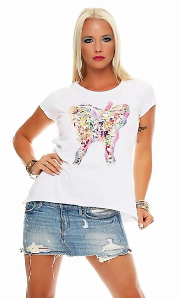 Mississhop Kurzarmshirt Damen Pailletten Schmetterlingsapplikation T-Shirt günstig online kaufen