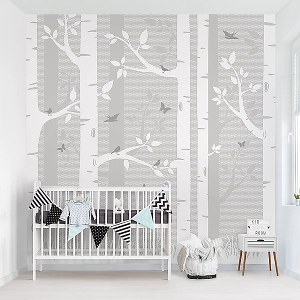 Bilderdepot24 Kindertapete Kinderzimmer Birkenwald Schmetterlinge Vögel günstig online kaufen