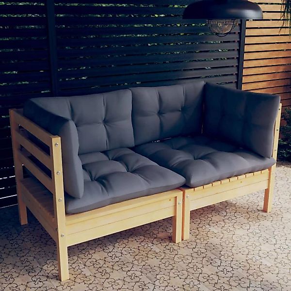 vidaXL Loungesofa 2-Sitzer-Gartensofa mit Grauen Kissen Massivholz Kiefer, günstig online kaufen