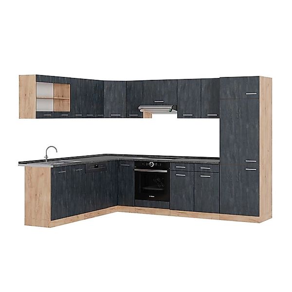 Vicco R-Line Einbauküche in L-Form Schwarz Beton/Goldkraft Eiche 227 x 287 günstig online kaufen