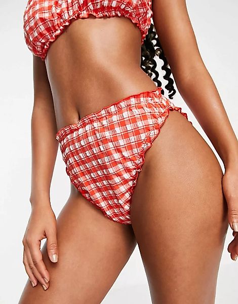 ASOS DESIGN – Bikiniunterteil in Rot aus Seersucker mit hohem Bund günstig online kaufen
