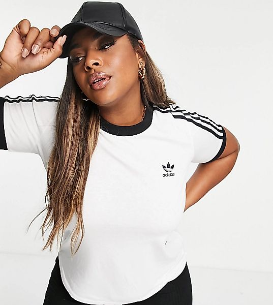 adidas Plus – T-Shirt mit 3 Streifen in Weiß günstig online kaufen