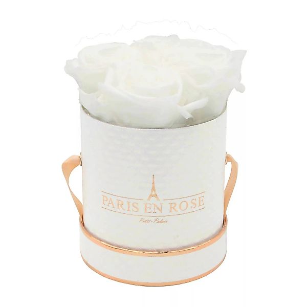 Rosenbox Ø 10 cm Weiß-Roségold Deluxe mit 4 Weißen Rosen günstig online kaufen