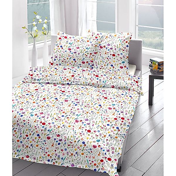 Bettwäsche Mako Satin Sympathica 4420 Blumen Blüten weiß bunt 135x200 günstig online kaufen