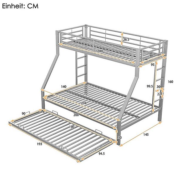 Fanttik Hochbett Metallbett mit ausziehbarem Bett,90(140)x200cm, (Metallbet günstig online kaufen