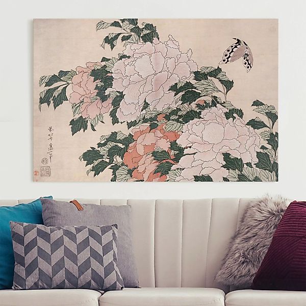 Leinwandbild Katsushika Hokusai - Rosa Pfingstrosen mit Schmetterling günstig online kaufen
