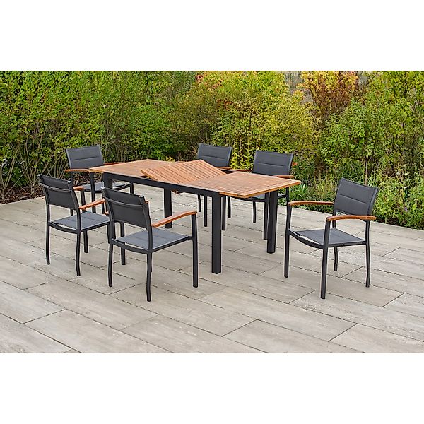 Merxx Paxos Set 7-tlg. 6 Stapelsessel Gartentisch Ausziehbar Tischplatte Ak günstig online kaufen