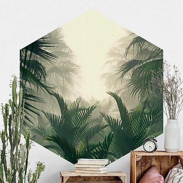 Hexagon Mustertapete selbstklebend Tropenpflanzen im Nebel günstig online kaufen
