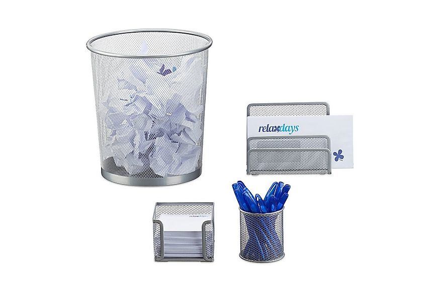 relaxdays Schreibtischaufsatz Schreibtisch Organizer Set, 4-teilig, silber günstig online kaufen