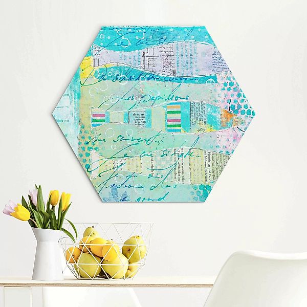 Hexagon-Alu-Dibond Bild Bunte Collage - Fische und Punkte günstig online kaufen