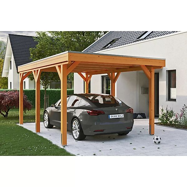 Skan Holz Carport Grunewald 321 cm x 554 cm mit Aluminiumdach Eiche Hell günstig online kaufen